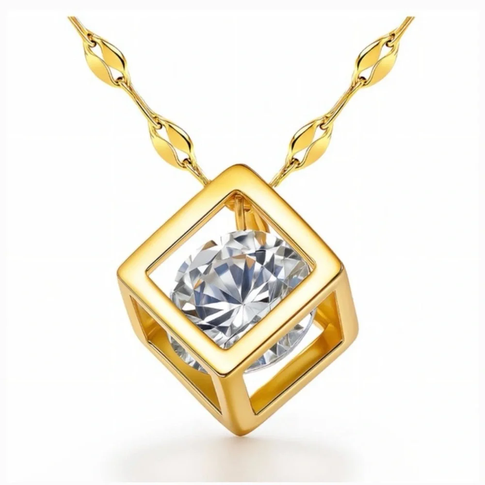 18k Gold Plated Cubic Zirconia Square Floating Diamond Pendant Necklace - Picture 2 of 3